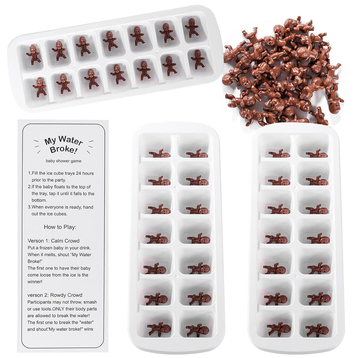 My Water Broke Baby Shower Game With 80 Mini Plastic Babies, 3 Ice Cube Trays And 1 Sign, Used For Ice Baby Shower Games, Black