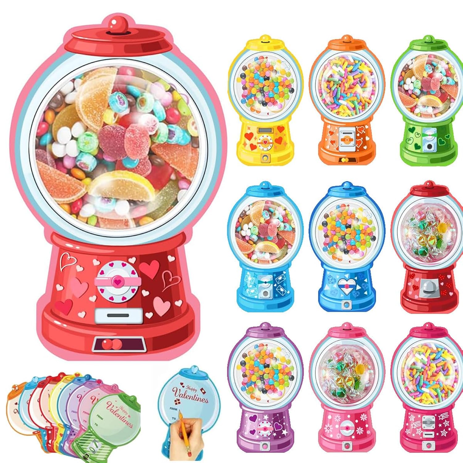 Valentine'S Candy Cards Gifts Set With Plastic Domes,36Pcs Diy Craft Treat Holder Bulk Class Valentines Candy Exchange Gifts For Couples Families Party Gift, Bubble Gum Machine(Candy Not Included)