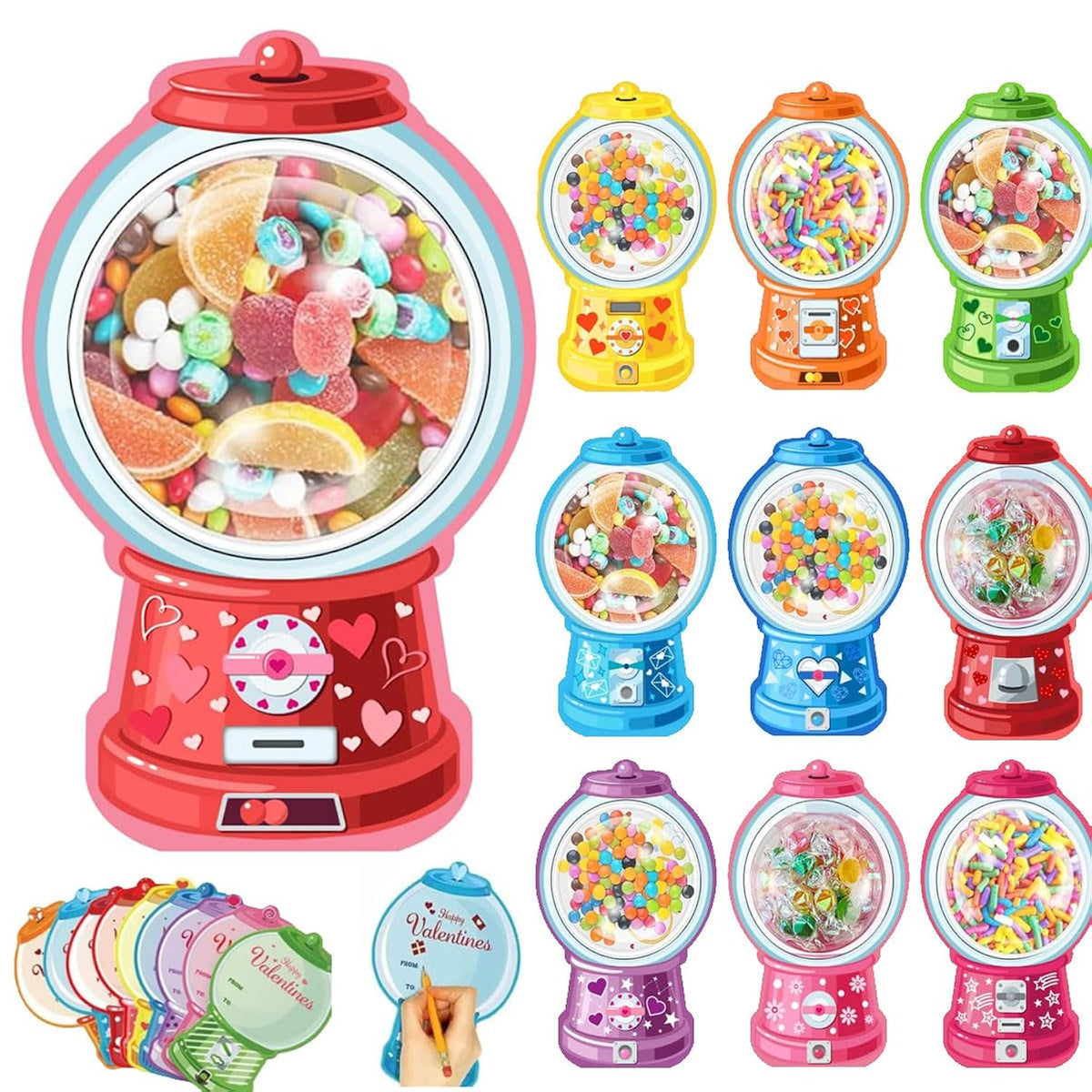 Valentine'S Candy Cards Gifts Set With Plastic Domes,36Pcs Diy Craft Treat Holder Bulk Class Valentines Candy Exchange Gifts For Couples Families Party Gift, Bubble Gum Machine(Candy Not Included)