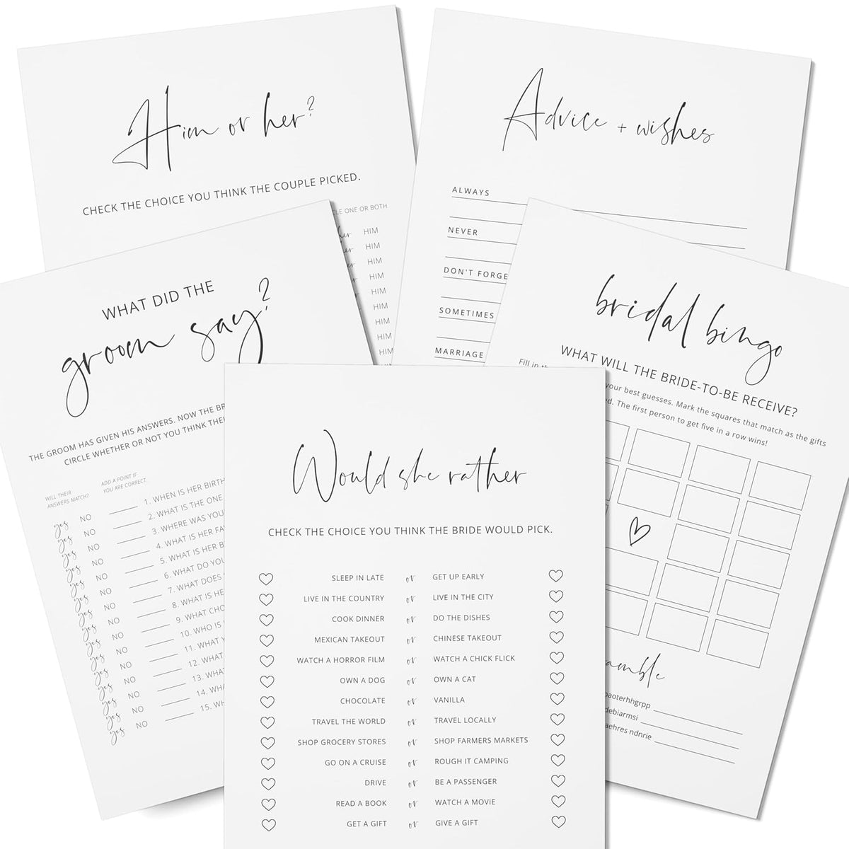 Bridal Shower Games For 50 Guests, 5 Fun Games + Advice And Wishes Cards, Double Sided Cards, Minimalist