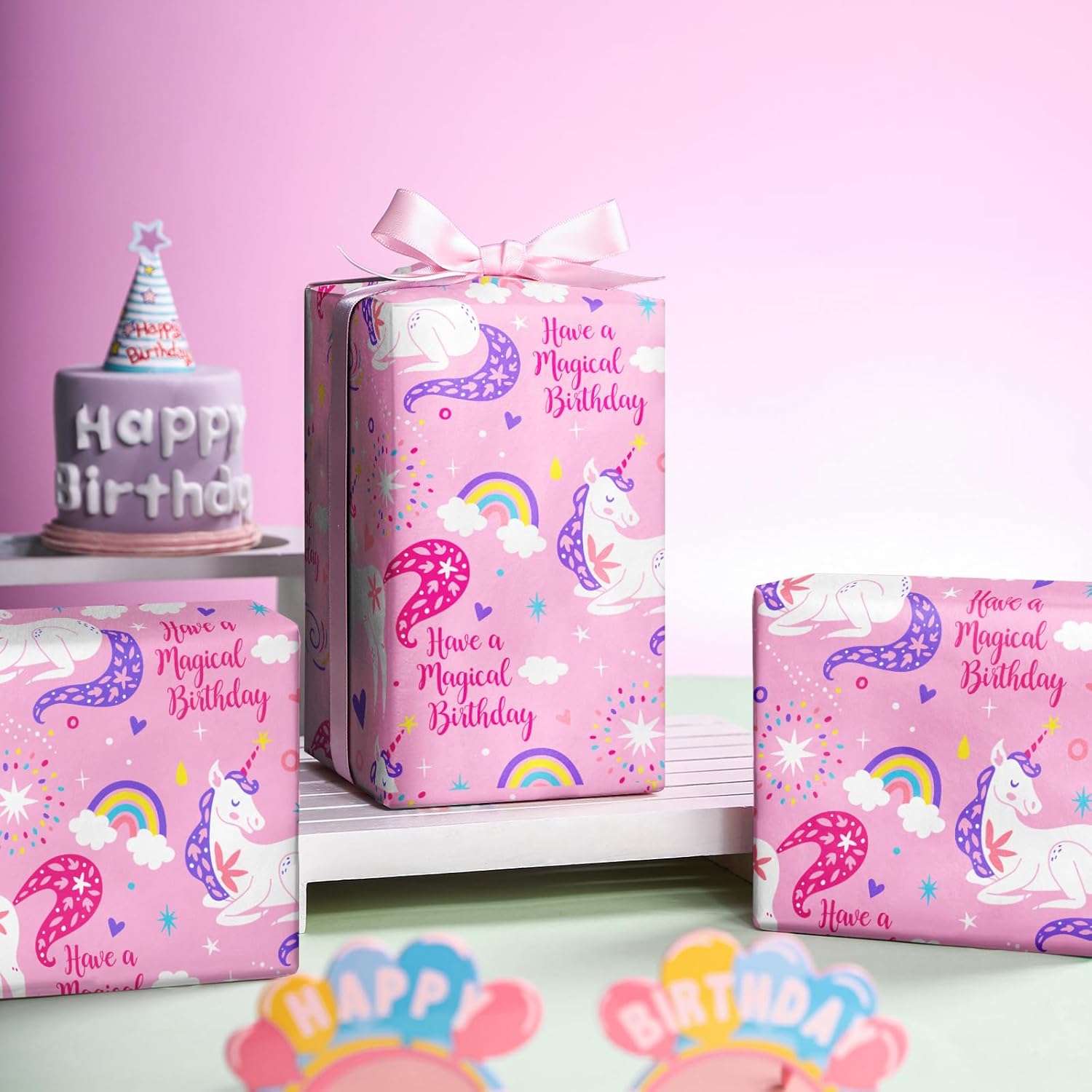 Pink Unicorn Birthday Wrapping Paper Roll - Mini Roll - 17 Inch X 9.8 Feet - Have A Magical Birthday Perfect For Girls, Baby Shower, Party, Holiday