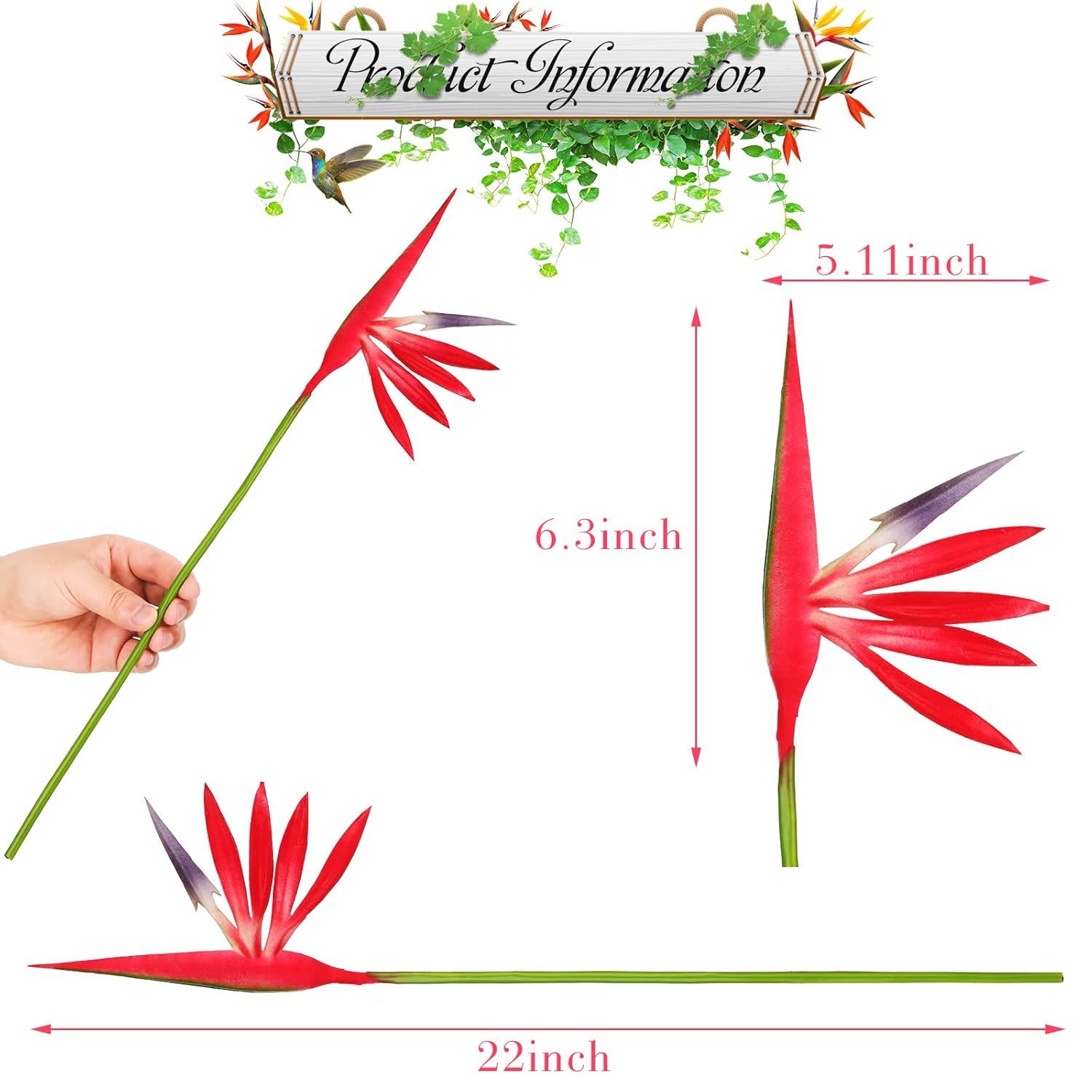 10 Pieces Bird Of Paradise Artificial Plant 22 Inch Hawaiian Tropical Flowers Faux Flowers Bouquet Large Elegant Green Plant For Home Garden Decoration Office Wedding Decor Supplies (Red)