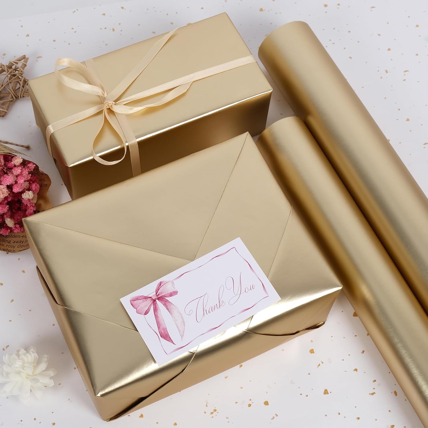 Gold Metallic Wrapping Paper Roll - 17 Inches X 32.8 Feet, Matte Solid Gold Color Paper For Birthday, Christmas, Wedding, Baby Shower, Holiday, Bridal Shower