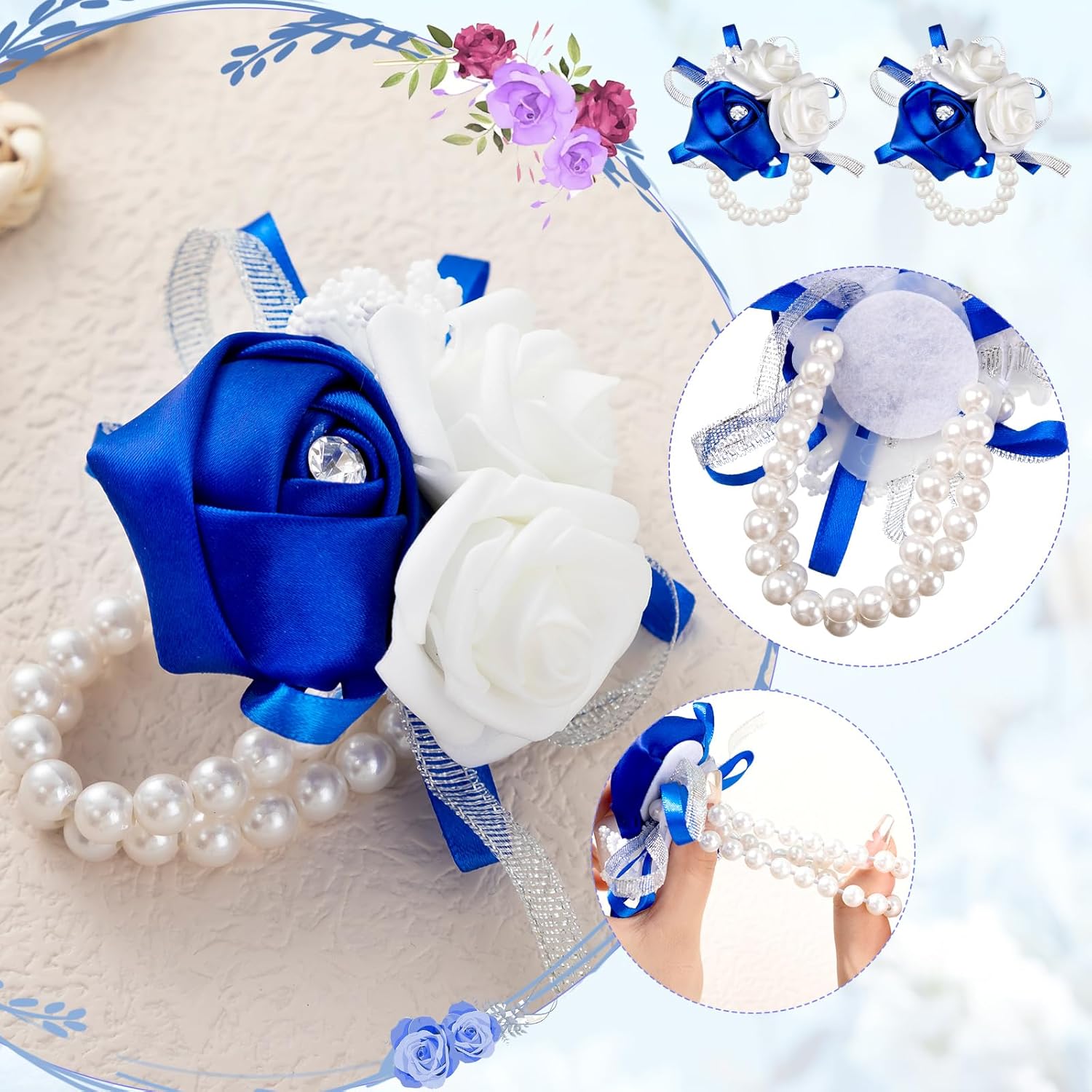 18 Pcs Wrist Corsages For Prom Wedding Artificial Rose Wristlet Corsage Hand Flower For Mother Of Bride And Groom, Bridal, Bridesmaid Wedding Supplies (Royal Blue)