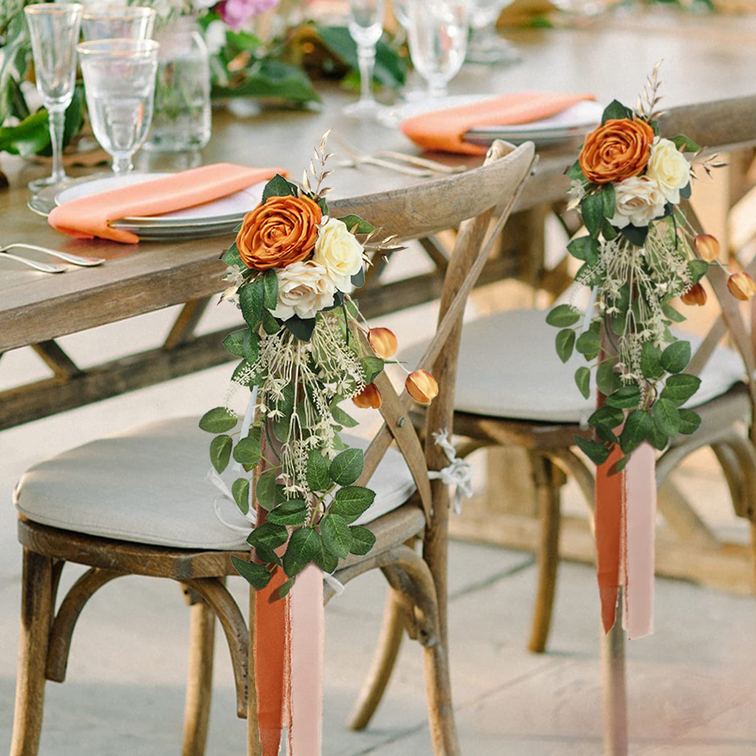 6Pcs Wedding Aisle Decorations Church Chair Bench Flowers For Wedding Ceremony Decor Burnt Orange Artificial Flowers Wedding Chair Decor