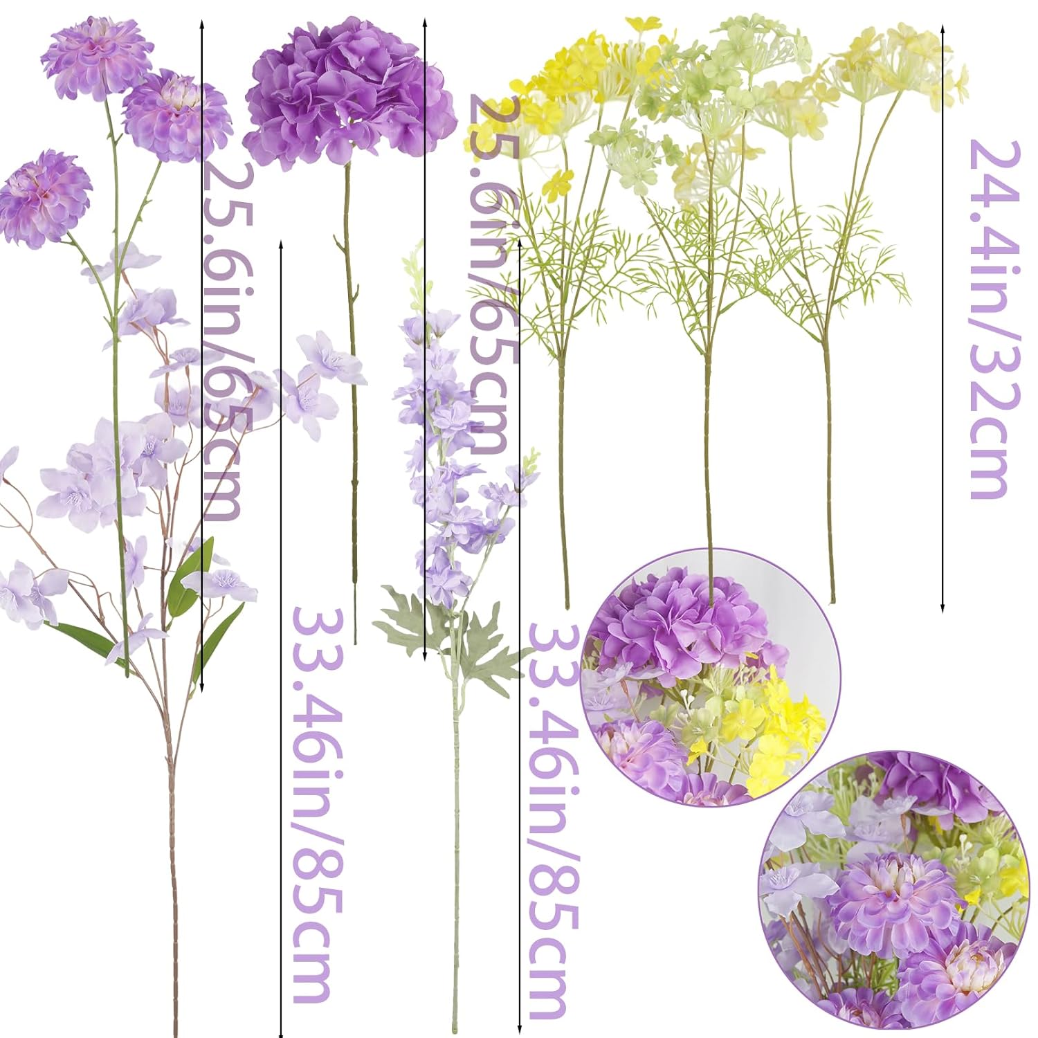7 Pcs Artificial Spring Flowers Purple Hydrangea Silk Flowers Bouquet Delphinium Artificial Flowers Zinnias Faux Flowers Long Stems For Wedding Home Table Centerpieces Baby Shower Floral Decor