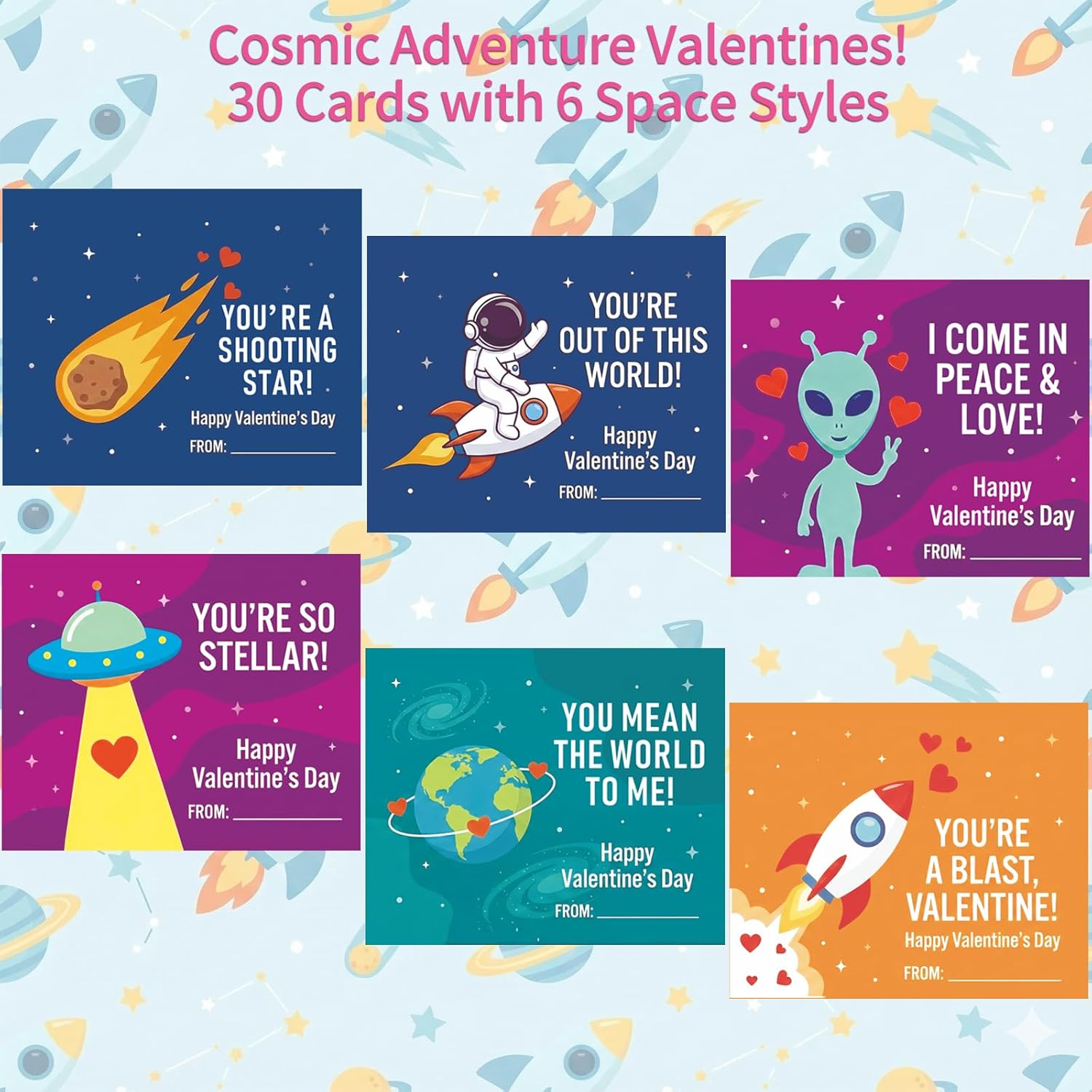 30 Pack Space Valentines Day Cards For Kids Classroom - Outer Space Galaxy Planet Greeting Cards With Envelopes & Stickers- Classroom Valentine Exchange Gifts For Boys Girls Kindergarten Preschool