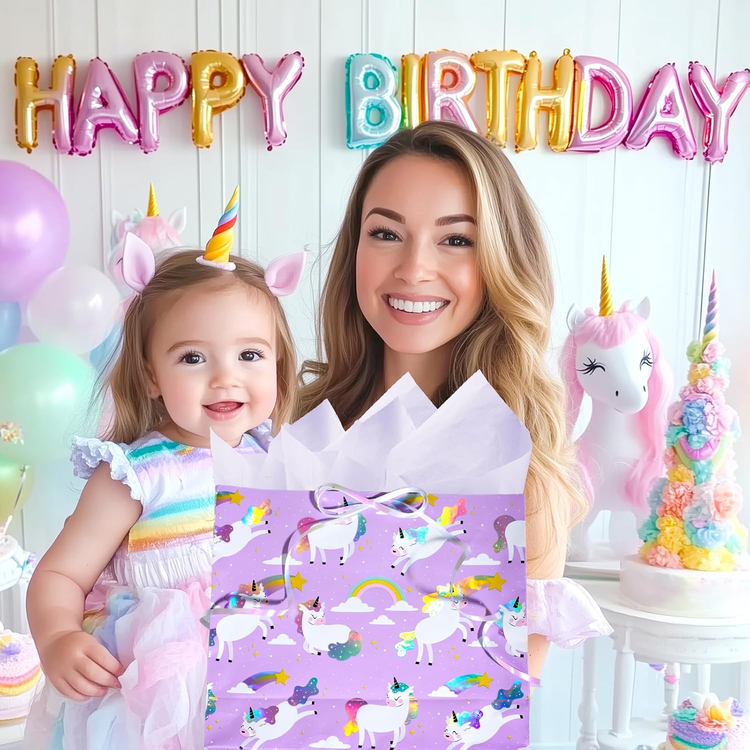 Reversible Unicorn Wrapping Paper With Foil Design, 17 Inch X 33 Feet - Purple Unicorn Gift Wrap With Gold Hearts For Girls Birthday, Baby Shower, Kids Party