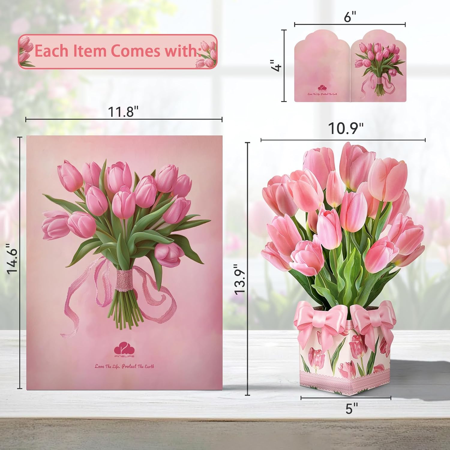 Pop Up Cards, Tulips 13.9 Inch Paper Flower Bouquet Cards For Birthday, Anniversary, Get Well Greeting With Blank Note Card & Envelope (Tulip Princess)