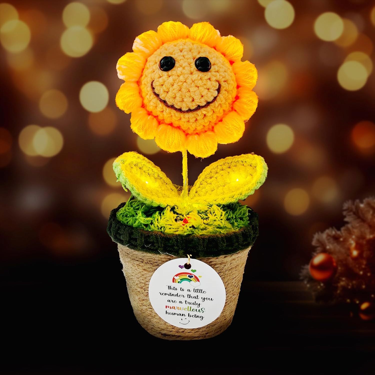Handmade Inspirational Gift Light-Up Positive Sunflower Emotional Support Crochet Flower Gift For Women Men Birthday Thank You Gifts For Coworkers Teacher Friends Family