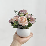 Artificial Flower Mini Potted Plant Set, Purple Peony Hydrangea Greenery + Papier Mâché Round Vase, Small Fake Plant Pot Decoration For Office, Bedroom, Living Room