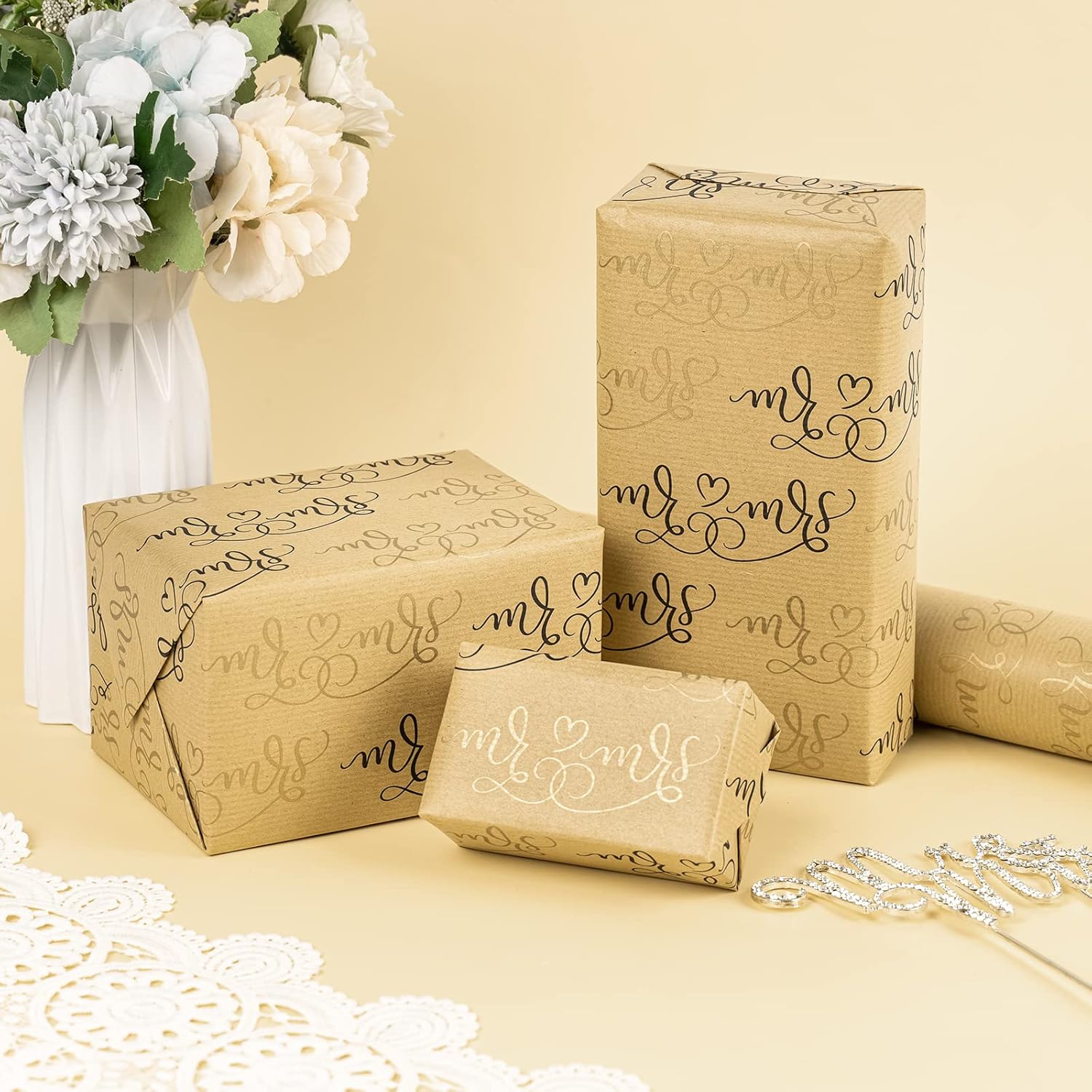 Kraft Wrapping Paper Roll - Mini Roll - Mr. & Mrs. Pattern Great For Wedding, Anniversary - 17.5 Inches X 32.8 Feet