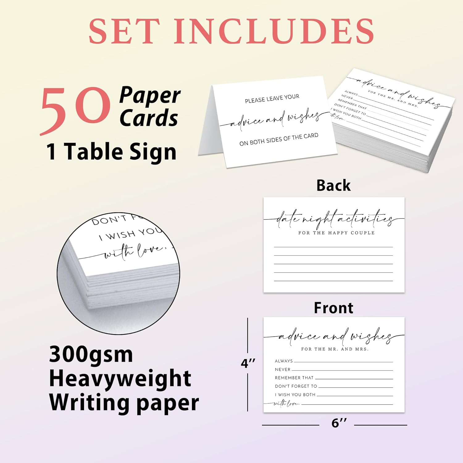 Minimalism Advice And Wishes For The Mr And Mrs - 50 Packs Wedding Advice Cards Bridal Shower Game Cards Reception Guest Book For Bride Groom Newlywed Engagement Party Decoration -A03