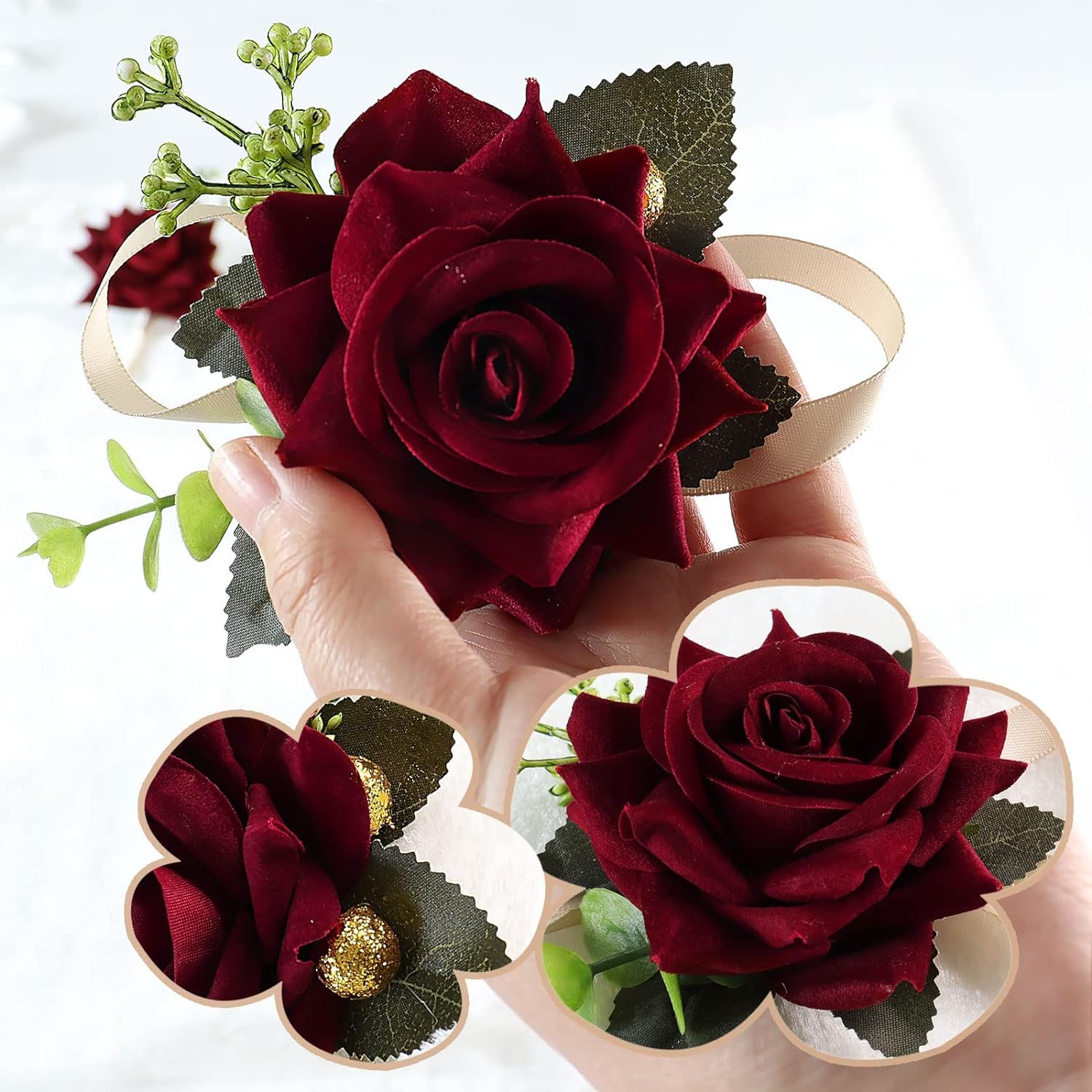Burgundy Wrist Corsage Wristlet For Wedding Bridesmaid Rose Flower, Bride Hand Flower For Bridal Shower, Anniversary, Prom Party Decorations