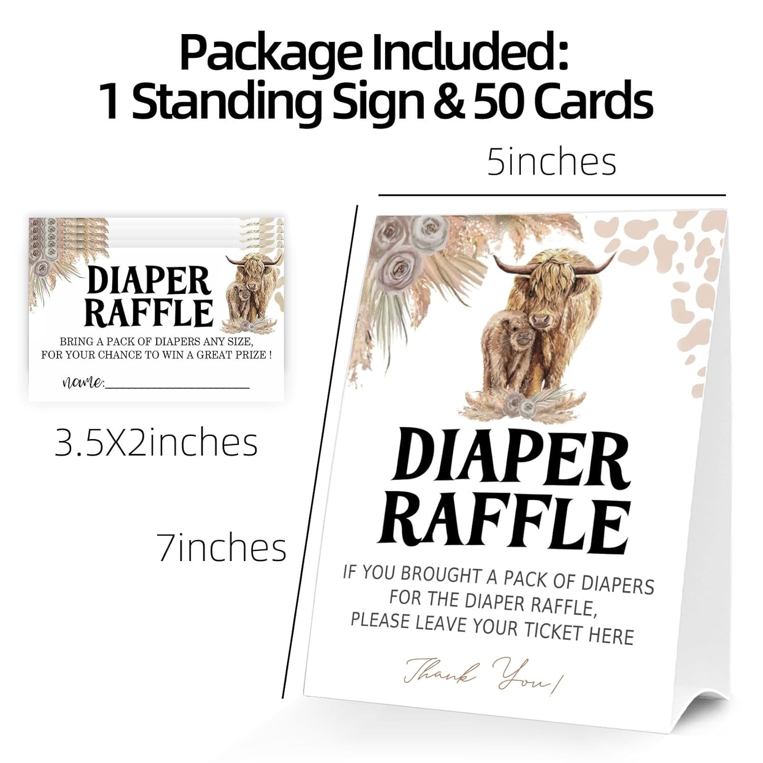 Diaper Raffle Tickets For Baby Shower Game, 1 Standing Sign & 50 Guessing Cards For Baby Shower Party Decoration, Holy Cow, Boho Highland Cow