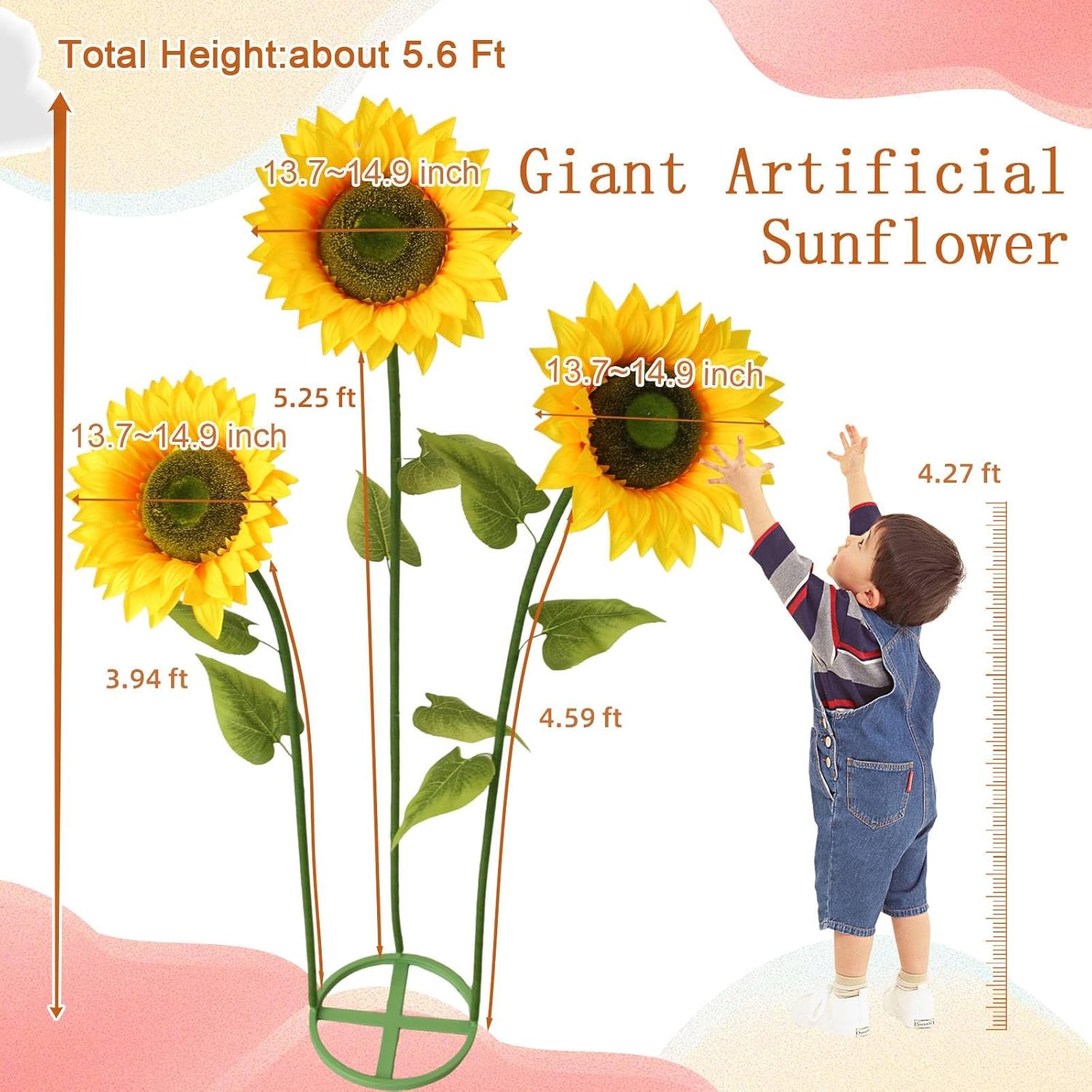 Sunflowers Artificial Flowers Set,5.6 Ft Giant Silk Fake Sunflower Decoration,Sunflower Decor For Rustic Wedding Backdrop,Outdoor Garden Party Photo Props,Shop Window Displays(3Pcs)