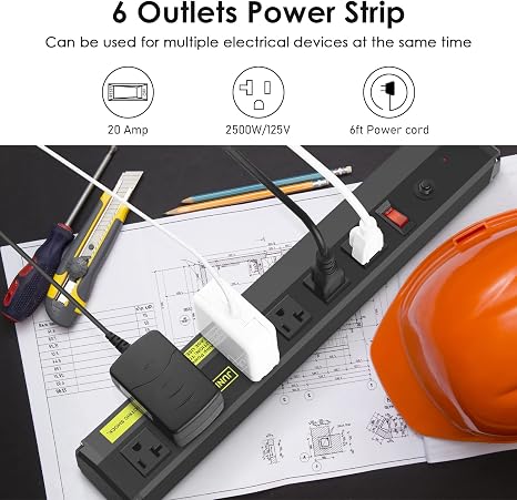 Heavy Duty 20A Surge Protector Power Strip 6 Outlets 4800J 12AWG 6FT Extension Cord