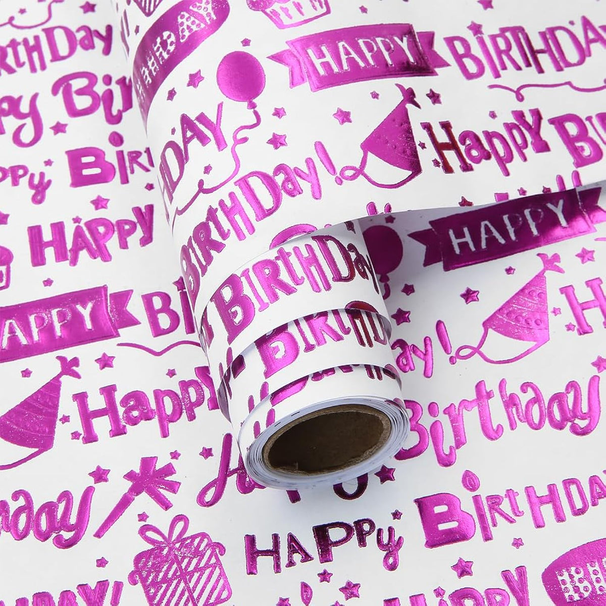 Happy Birthday Wrapping Paper Roll, Purple Luxury Metallic Cake Gift Balloon Birthday Gift Wrap Papers For Birthday, Holiday, Baby Shower, Kids, Women, Girls, Mini Rolls 17X120 Inch