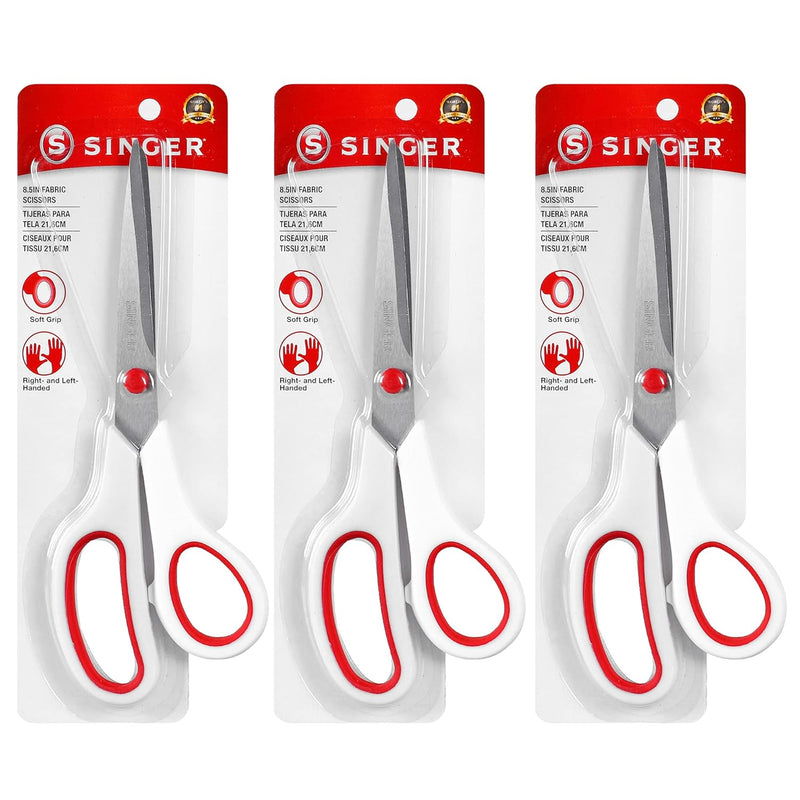 Singer 00445 8-1/2-Inch, 3-Pack Fabric Scissors With Comfort Grip, Red & White