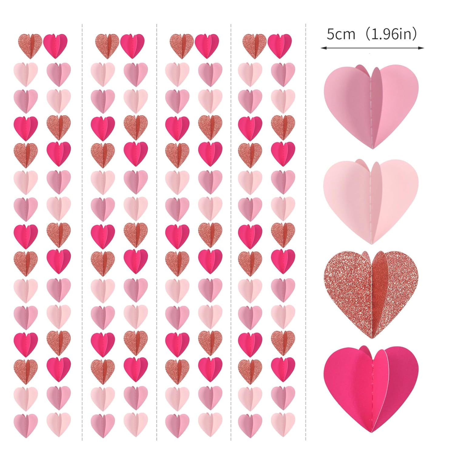 Rose-Gold Hot-Pink Party-Decorations Heart Garland - 39Ft Galentines Valentines Day 3D Wedding Bridal Shower Hanging Paper Streamers Banner,Baby Girl Birthday Bachelorette Mohters Decor