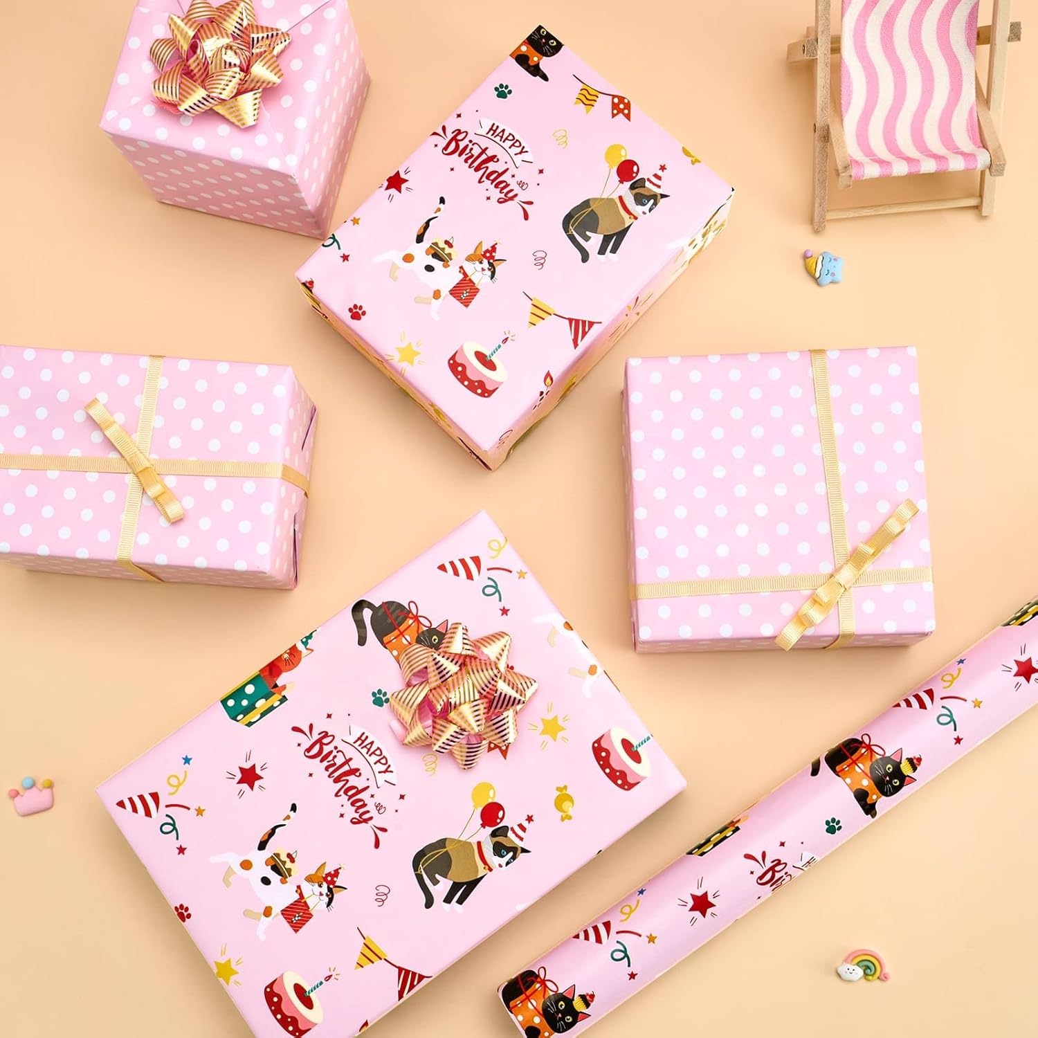 Cat Wrapping Paper Roll - 1 Roll 17”X 33 Ft Happy Birthday Wrapping Paper Pink Cat Birthday Gift Wrap For Kids Girls Adults Kitten Party Baby Shower Decoration Reversible Polka Dot Design