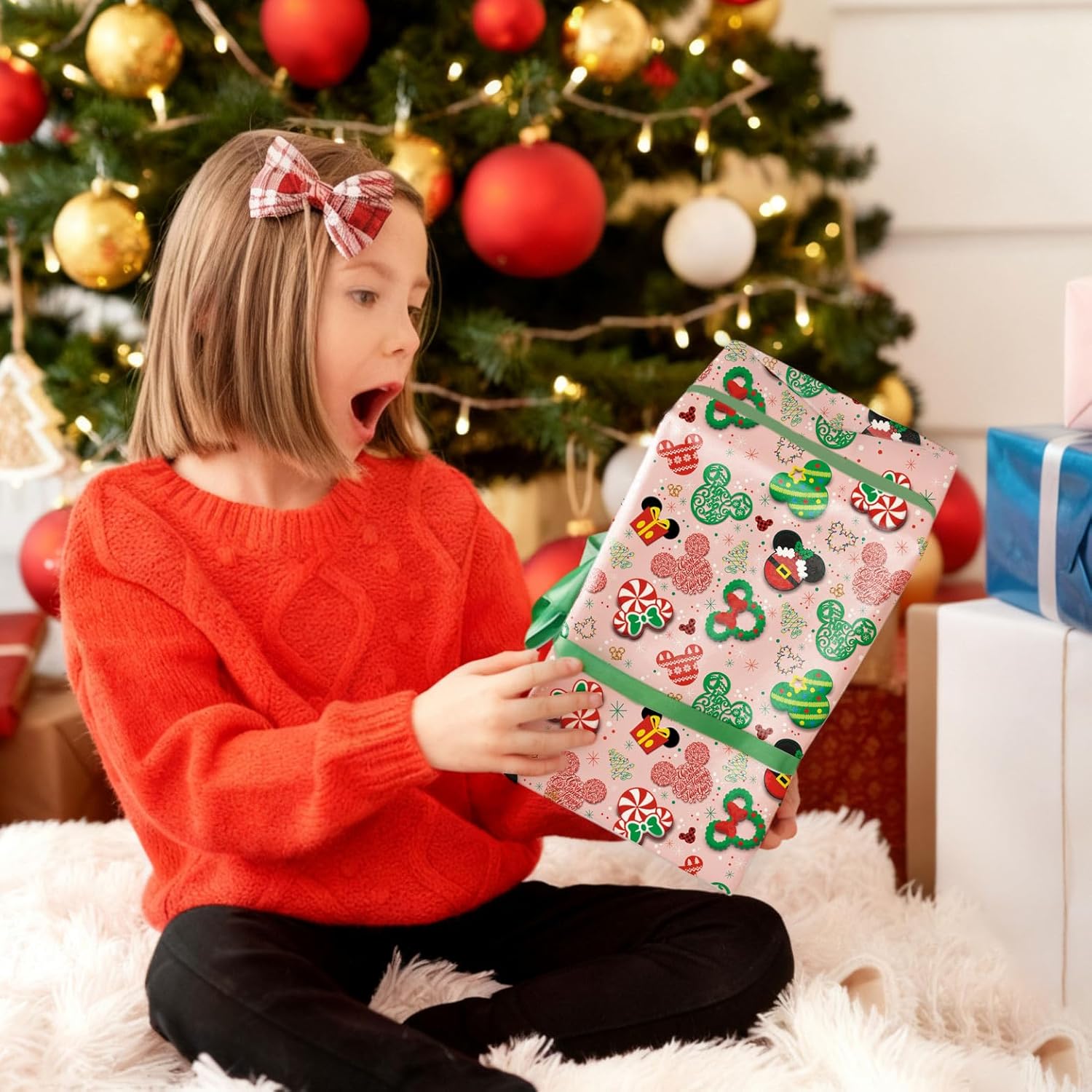 Mouse Christmas Wrapping Paper For Kids- Funny Pink Xmas Gift Wrap Red Candy Green Trees For Family Holiday Party - 4 Jumbo Sheets, 40 X 28 Inches Each