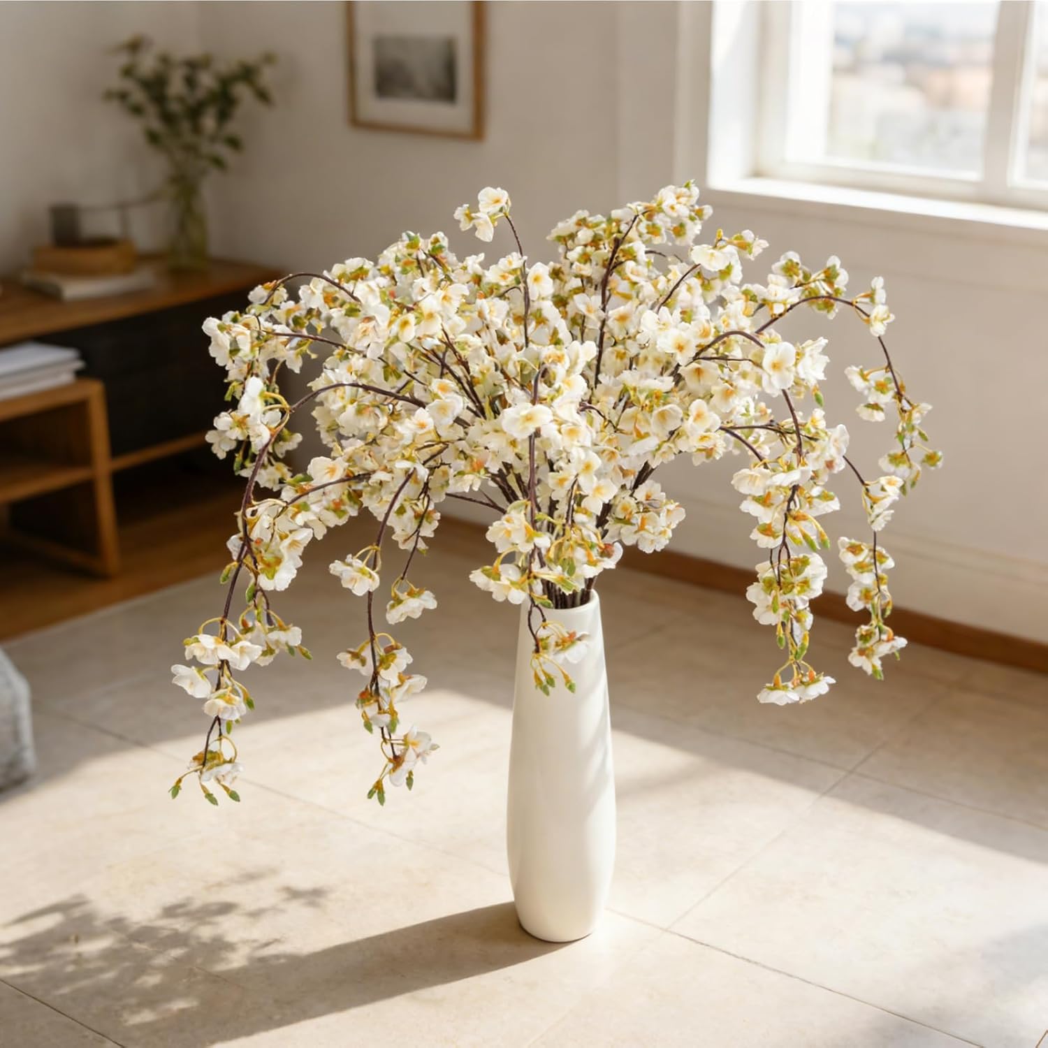 4Pcs 46Inch Hanging Artificial Cherry Blossom Flower Branches Silk Cherry Blossom Flowers Long Stem For Spring Wedding Home Party Table Centerpieces Indoor Outdoor Decor?White?