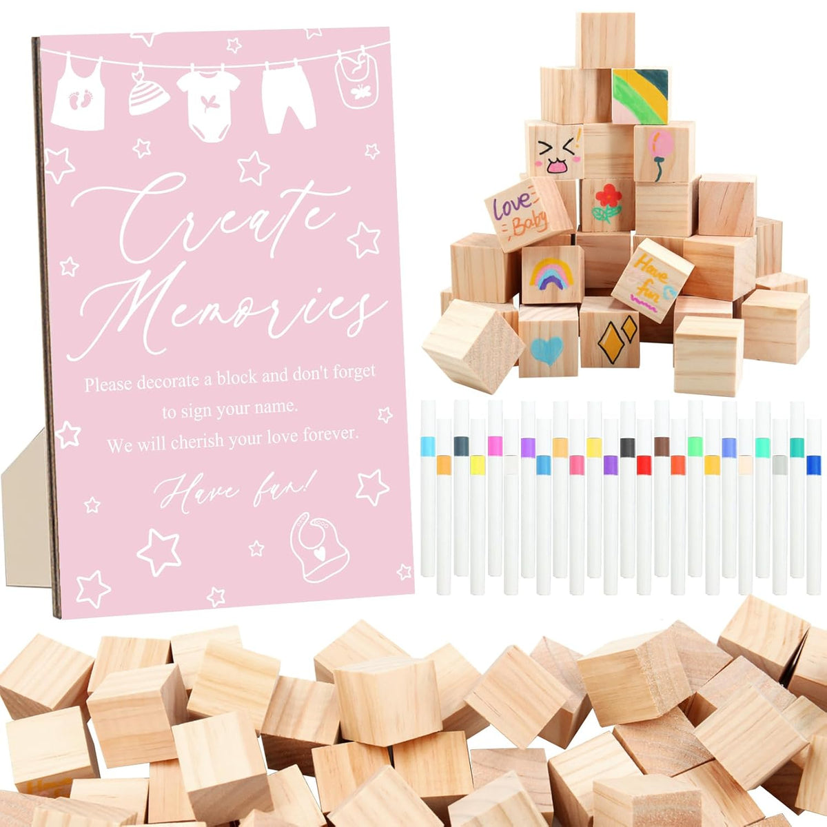 97 Pcs Pink Baby Shower Games Sign Kit,Including Decorate A Block Game Sign 72 Diy Blank Wooden Block 24 Pen To Draw Your Idea For Baby Shower Game Gender Reveal Party