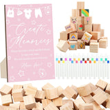 97 Pcs Pink Baby Shower Games Sign Kit,Including Decorate A Block Game Sign 72 Diy Blank Wooden Block 24 Pen To Draw Your Idea For Baby Shower Game Gender Reveal Party