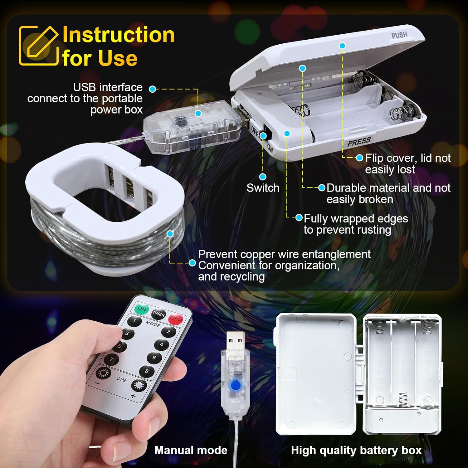 Usb Plug And Battery Powered Dual Purpose Fairy Light,16Ft 50 Led Flashing String Lights, Remote Control And Timer, Wate