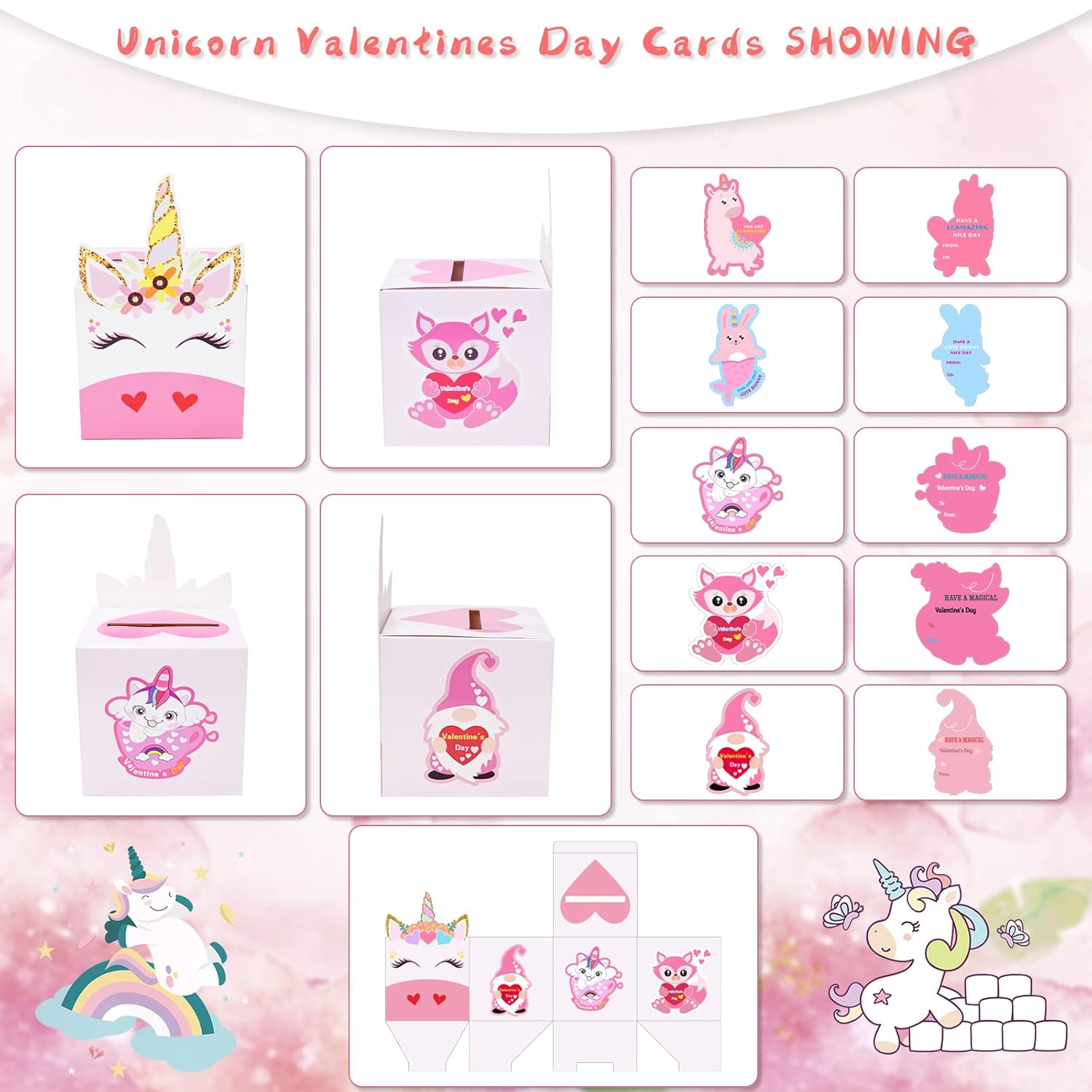 Valentine Boxes 33 Pieces Unicorn Valentines Day Cards And Valentine Mailbox For Classroom Exchange Party Supplies (1 Unicorn Mailbox, 32 Valentine Cards, 1 Teacher Card) (Style B)