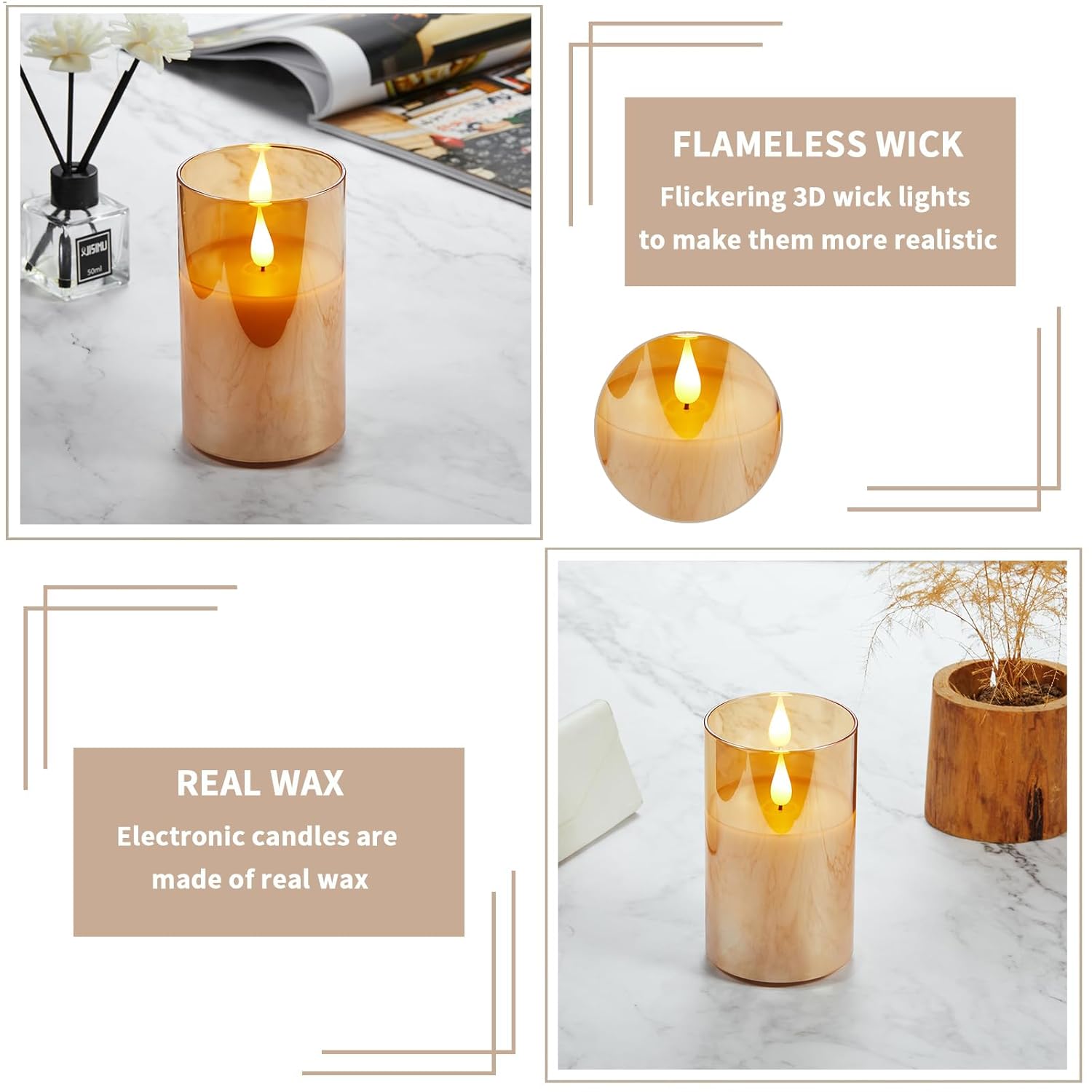 Battery Operated Flickering Flameless Candles With Remote And Timer, Led Candle With 3D Wick Last 1000+ Hours Real Wax Electric Candles Pillar Candle, Gold Glass For Wedding, Festival 3" X 5"