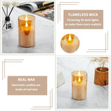 Rechargeable Battery Operated Flickering Flameless Candles With Remote And Timer, Led Candle With 3D Wick Last 1000+ Hours Real Wax Electric Candles Pillar Candle For Home, Gold Glass 3" X 4"