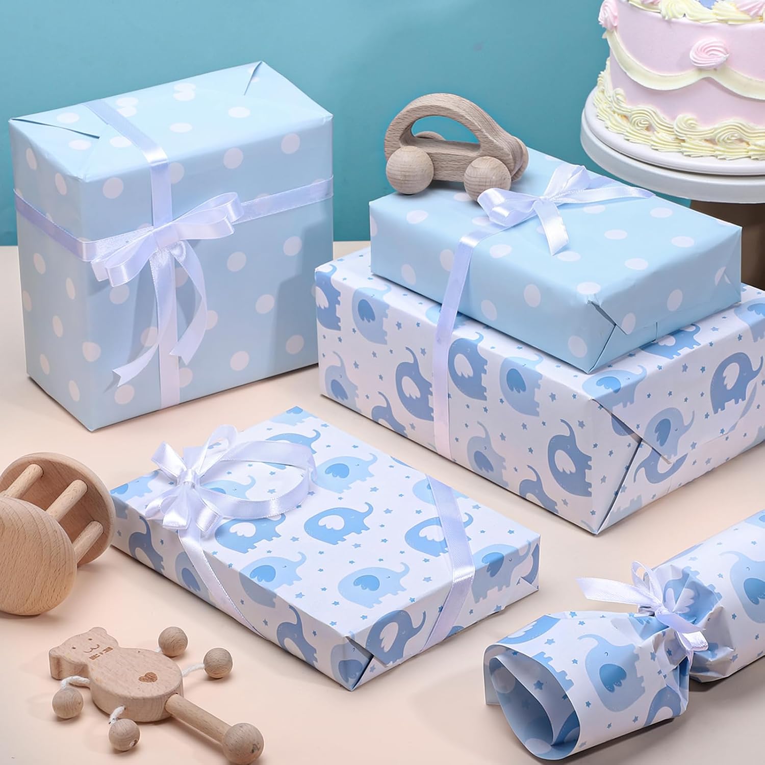 Reversible Baby Shower Wrapping Paper Roll 17 Inch X 33 Feet Blue Elephant Design Gift Wrapping Paper For Baby Shower, New Baby, Boy'S 1St Birthday, Celebration