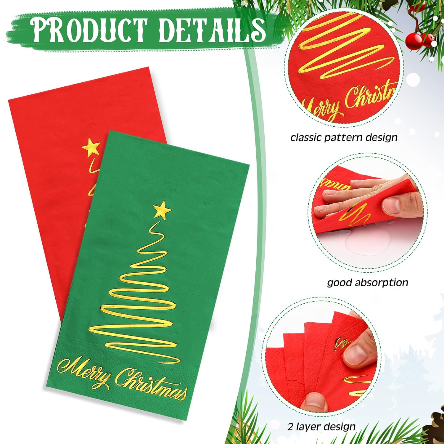 200 Pcs Christmas Guest Napkins Gold Foil Red Green Merry Christmas Paper Napkins Bathroom Disposable Hand Towels For Xmas Winter Party Supplies Bathroom Kitchen Decor