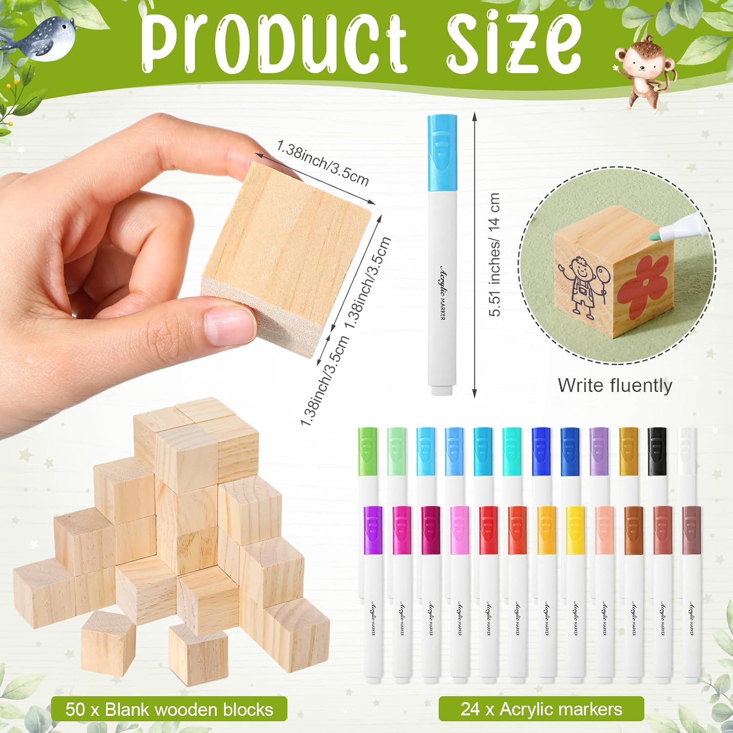 75 Pcs Baby Shower Games Sign Kit Including Decorate A Block Game Sign 50 Diy Wooden Block 24 Acrylic Paint Pens Prize For Baby Shower Gender Reveal Party(Woodland)