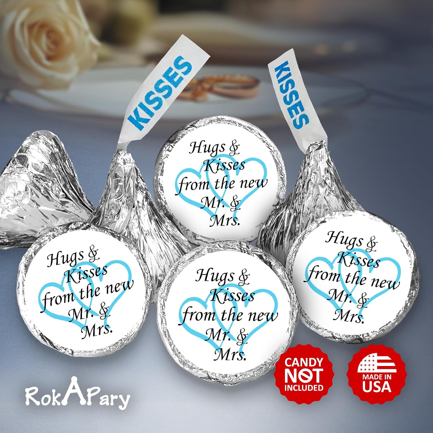 324 Hugs And Kisses From The New Mr. & Mrs. Interlocking Hearts Wedding Stickers, Chocolate Drops Labels For Bridal Shower Engagement Party Decorations, Favors Decor For Kiss. Made In Usa (Light Blue)