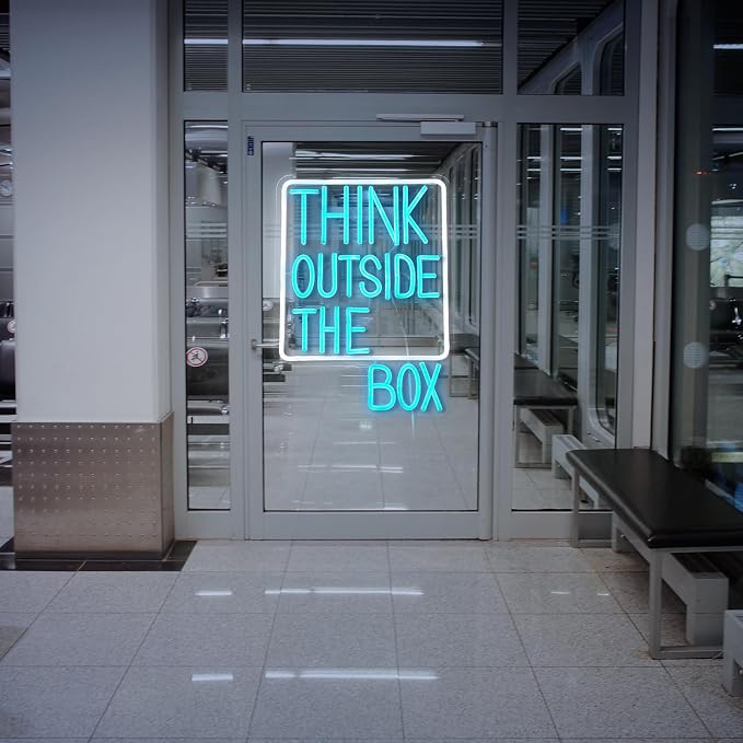 Think Outside The Box Neon Sign Ice Blue White USB Dimmable LED Wall Light for Classroom Office Decor
