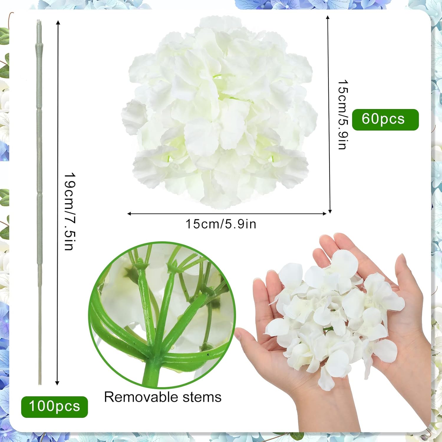 60 Pieces Silk White Hydrangea Artificial Flowers Heads Full Hydrangea Flowers With 100 Pcs Stems Faux White For Wedding Centerpieces Long Fake Bouquet For Home Decor Indoor Garden