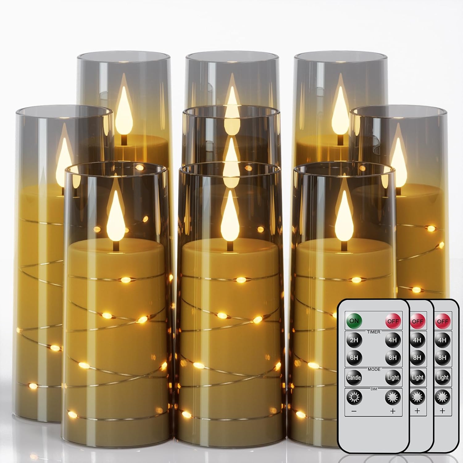 Flickering Flameless Candles With Remote Timer, 9 Pack Battery Operated Candles With Embedded Star String, Black Led Candle For Valentine'S Day Wedding Decor