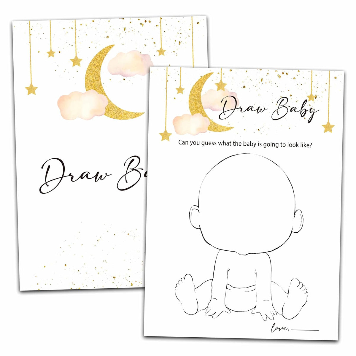 Baby Shower Party Games, Draw Baby Minimal Baby Shower Game, 25 Moon And Stars Gender Reveal Party Games Cards (5" X 7"), Over The Moon Baby Shower Supplies Decorations -08