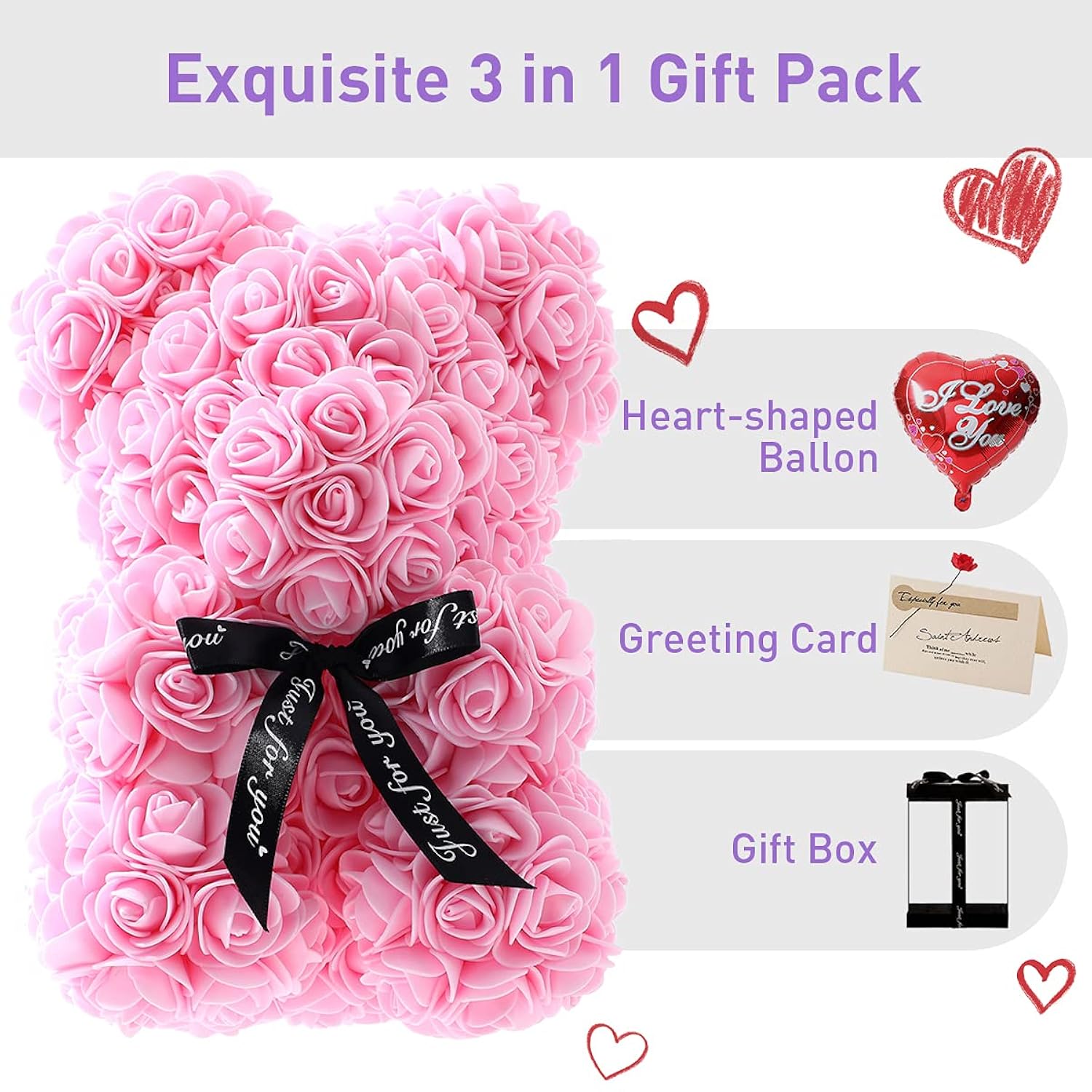 Gifts For Women - Rose Flower Bear - Rose Bear,Pure Handmade Rose Teddy Bear,Gift For Mothers Day,Valentines Day, Anniversary And Bridal Showers,W/Clear Gift Box And Greeting Card (Light Pink)