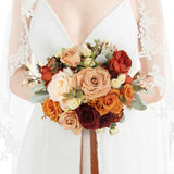 9" Wide Burnt Orange Wedding Bouquet For Bride, Rustic Terracotta Artificial Flowers Bridal Bridesmaid Bouquet For Fall Wedding Prom