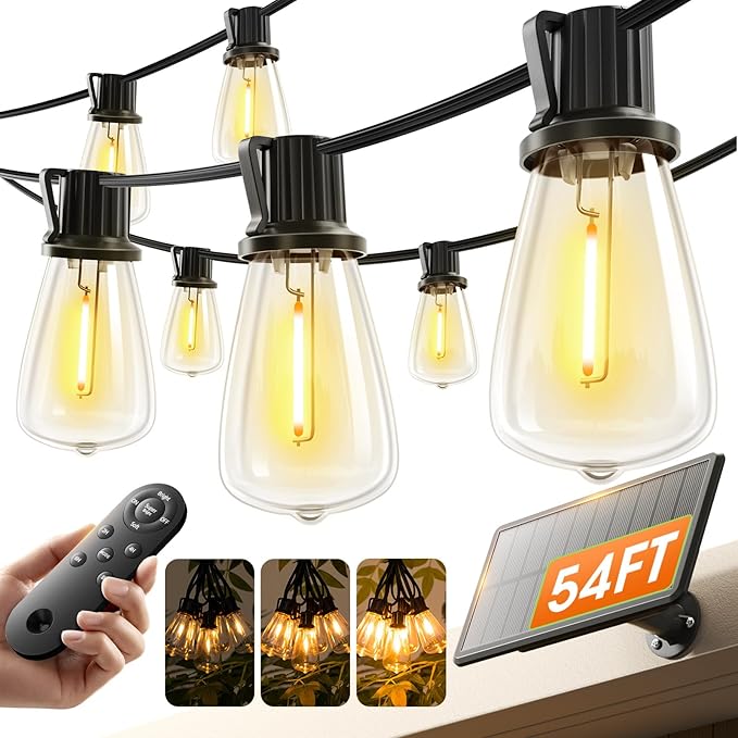 54FT Solar String Lights Waterproof with USB Charging Remote Dimmable Patio Lights