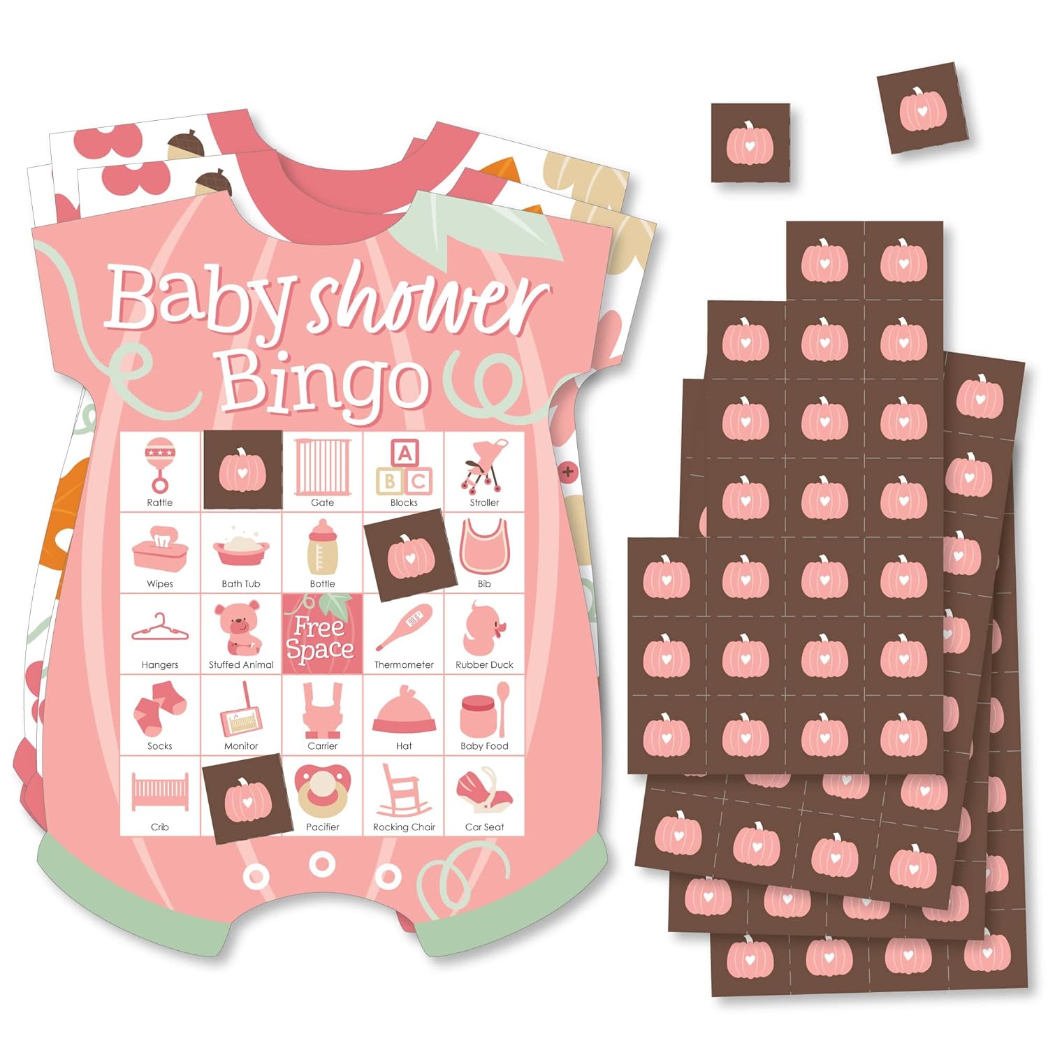 Big Dot of Happiness Pink Little Pumpkin - Picture Bingo Cards and Markers - Fall Baby Shower Shaped Bingo Game - Set of 18