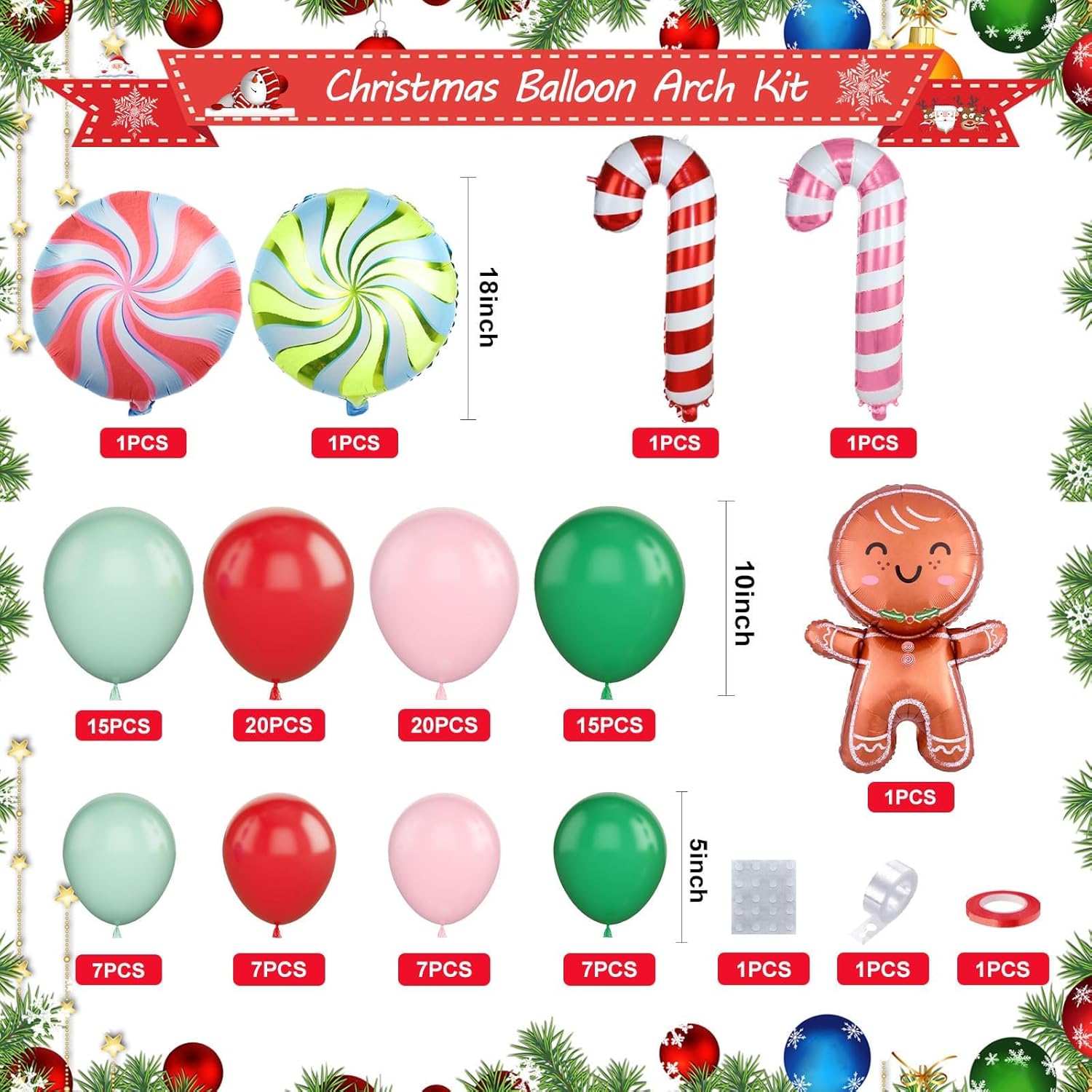 Christmas Balloon Arch, Pink Green Christmas Balloons, Green Pink Red Christmas Balloon Garland Kit, Pink Green Christmas Party Balloons With Christmas Cane Candy Gingerbread Man Foil Balloons