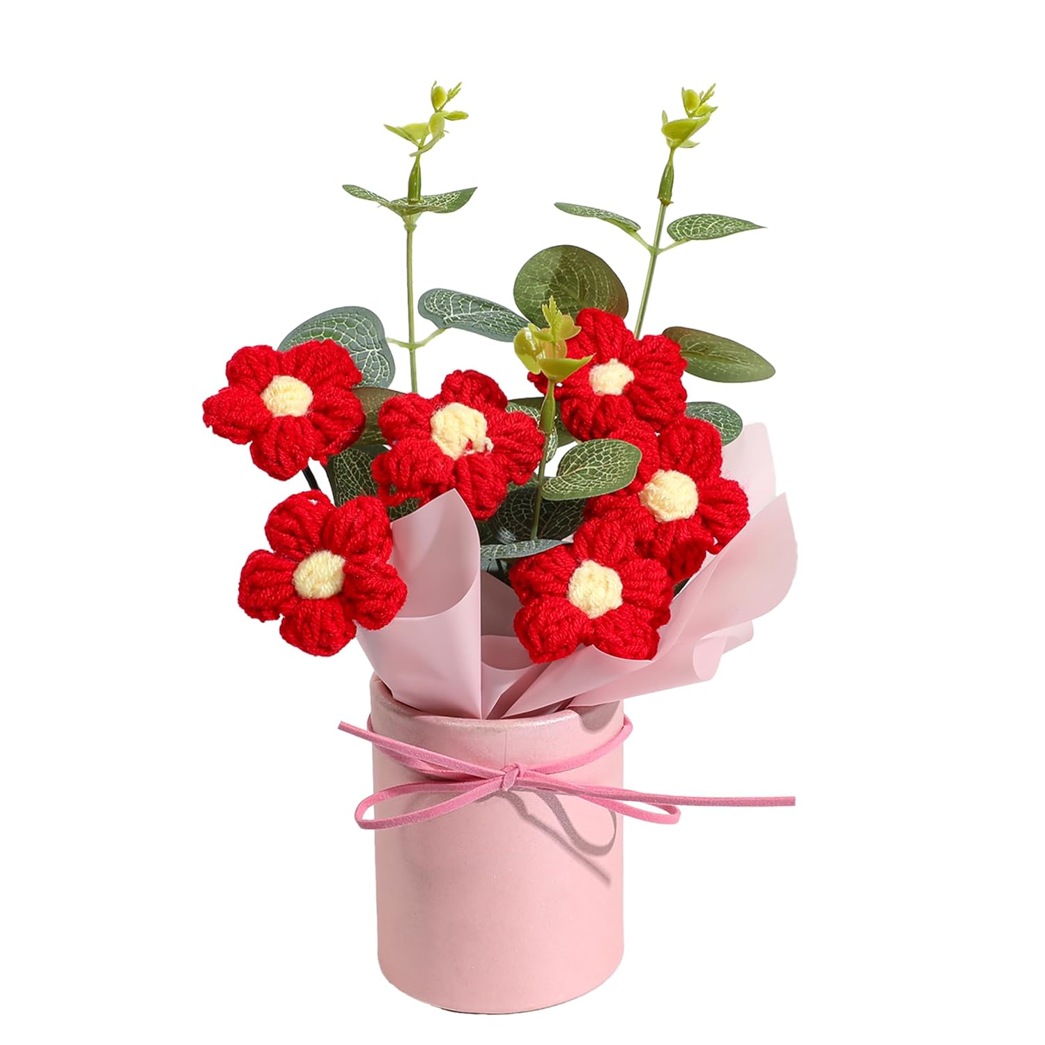Crochet Flower Bouquet, Valentine'S Day Crochet Bouquet Of Flowers, Handmade Knitted Flowers With Card For Anniversary, Birthday, Wedding, Gift For Women (Red)