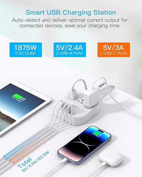 Travel Power Strip 3 Outlets 4 USB Ports 2 USB C 6FT Flat Plug Extension Cord Cruise Essentials