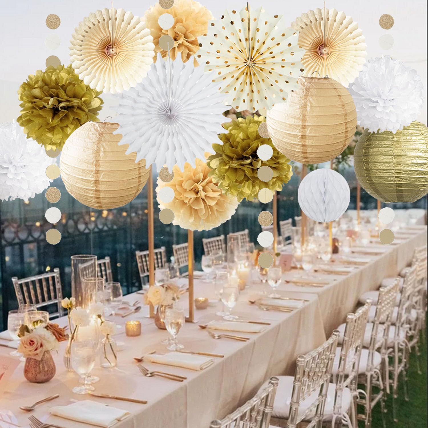 White Gold Party Decorations Tissue Pom Poms Paper Lanterns Hanging Paper Fan Honeycomb Christmas Wedding Engagement Bachelorette Neutral Birthday Baby Bridal Shower Decoration