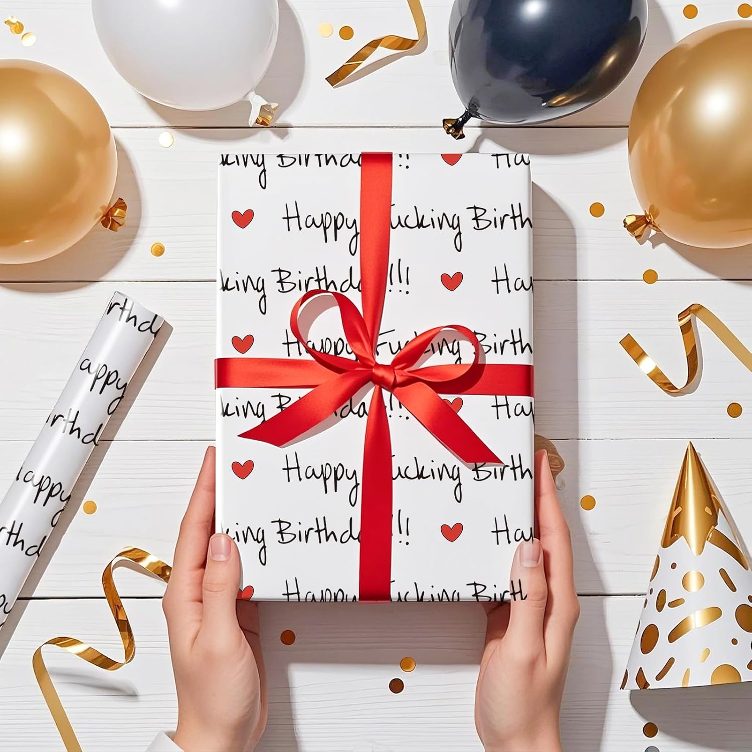 Funny Birthday Wrapping Paper Roll For Friends, Mini Roll, Black Happy Birthday Text With Red Hearts Gift Wrap Paper For Milestone Birthdays, 17 Inches X 16.4 Feet